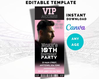 Messi Birthday VIP Ticket Invitation: Soccer Party, Canva Template (Digital Download)