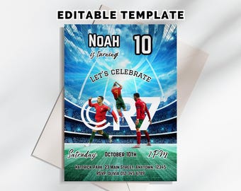 Invitación de cumpleaños de Ronaldo, invitación de fútbol personalizada de CR7, plantilla de Canva, descarga instantánea, para cualquier edad