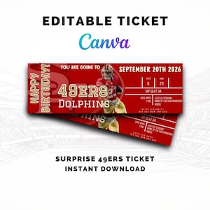 Könnte beinhalten: Eine rote, rechteckige Geburtstagsticket-Vorlage mit einem Footballspieler in gold-roter Uniform. Der Text lautet Happy Birthday, You Are Going To 49ers Dolphins, September 20th 2026, Gate 8, Row 23, Vip Seat 34, Levi's Stadium, Home Of The San Francisco 49ers.