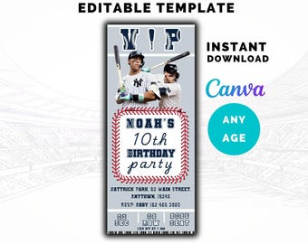 May include: A baseball-themed birthday party invitation featuring two baseball players in pinstripe uniforms. The invitation includes the text "NOAH'S 10th BIRTHDAY party" within a baseball-stitch border, and "VIP" at the top. The design is a template for instant download.