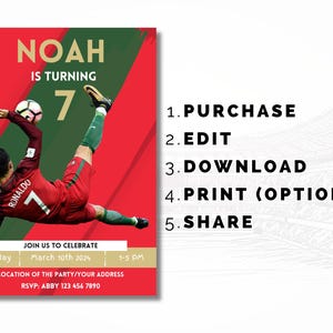 May include: A red and green soccer-themed birthday invitation for a boy named Noah turning 7. The invitation features a photo of a soccer player kicking a ball. The text "NOAH IS TURNING 7" is in gold letters. The invitation includes the date, time, and location of the party. RSVP information is also included.