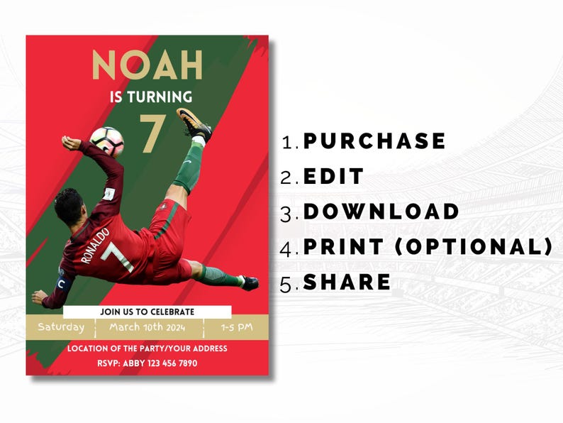 May include: A red and green soccer-themed birthday invitation for a boy named Noah turning 7. The invitation features a photo of a soccer player kicking a ball. The text "NOAH IS TURNING 7" is in gold letters. The invitation includes the date, time, and location of the party. RSVP information is also included.