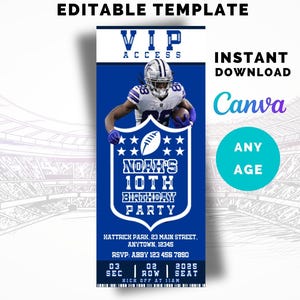 Invito a tema football Dallas Cowboys, biglietto VIP per festa di compleanno, download immediato, modello Canva, QUALSIASI ETÀ