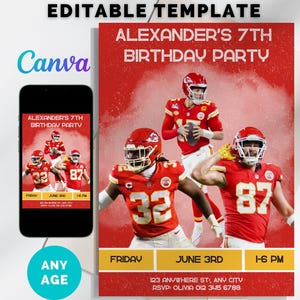 Kansas City Chiefs Birthday Invitation, Mahomes Kelce Bolton Invitation, Football Birthday Invite, Instant Download, Canva Template, ANY AGE
