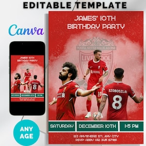 Modelo de convite editável para festa de aniversário do Liverpool para convidar amigos e familiares para uma festa de aniversário com tema de Liverpool ou futebol