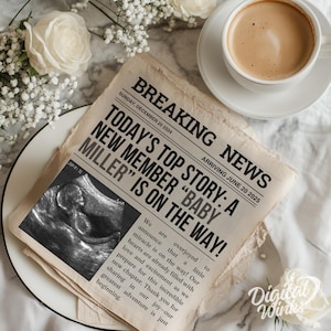 Newspaper Pregnancy Announcement Social Media Pregnancy Announcement Editable Template Baby Shower Invitation Digital Newspaper Baby Reveal