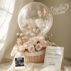 Neutrale Schwangerschaftmitteilung Elegante Geschlecht Enthüllen Schwangerschaft Enthüllen Korb Es ist eine Mädchen Dekor Boho Blumenballon bearbeitbare Vorlage