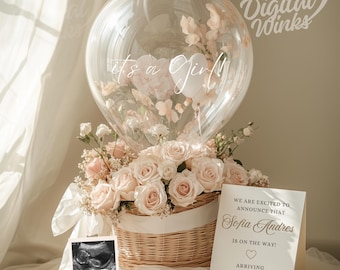 Faire-part de grossesse neutre, sexe élégant, révéler un panier de grossesse, c'est une décoration de fille, modèle modifiable de ballon floral bohème