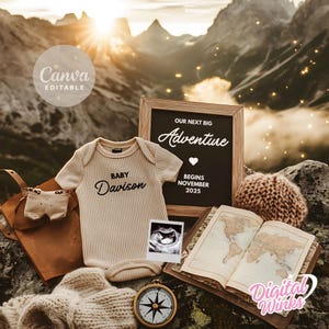 Adventure Pregnancy Announcement | Mountain Pregnancy Reveal Gender Neutral Boho Baby Announcement | Editable Hiking Baby Digital Template