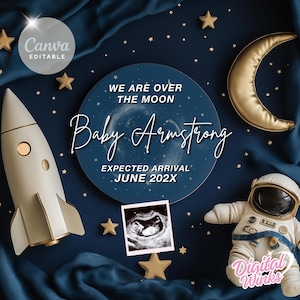 Space Pregnancy Announcement Digital – Over the Moon Pregnancy Reveal Gender-Neutral Astronaut Theme Rocket Adventure, Editable Downloadable