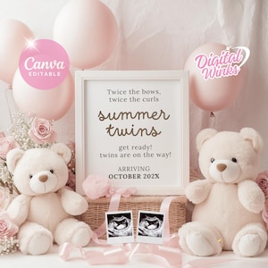 Boho Twin Girl Pregnancy Announcement Digital, Floral Twin Girl Announcement, Pink Gender Reveal Pink Boho Baby Shower Decor