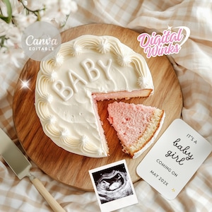 It’s a Girl Pregnancy Announcement | Digital Pink Baby Reveal Editable Gender Reveal Cake Theme Social Media Baby Girl Announcement Template