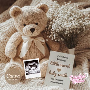 Neutral Baby Announcement | Digital Pregnancy Reveal | Spring Floral Gender Reveal | Social Media Pregnancy Announcement Template | Teddy