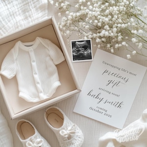 Minimalist Pregnancy Announcement Digital Template Baby Reveal Card with Ultrasound & Gift Box Design Editable Canva Social Media Template