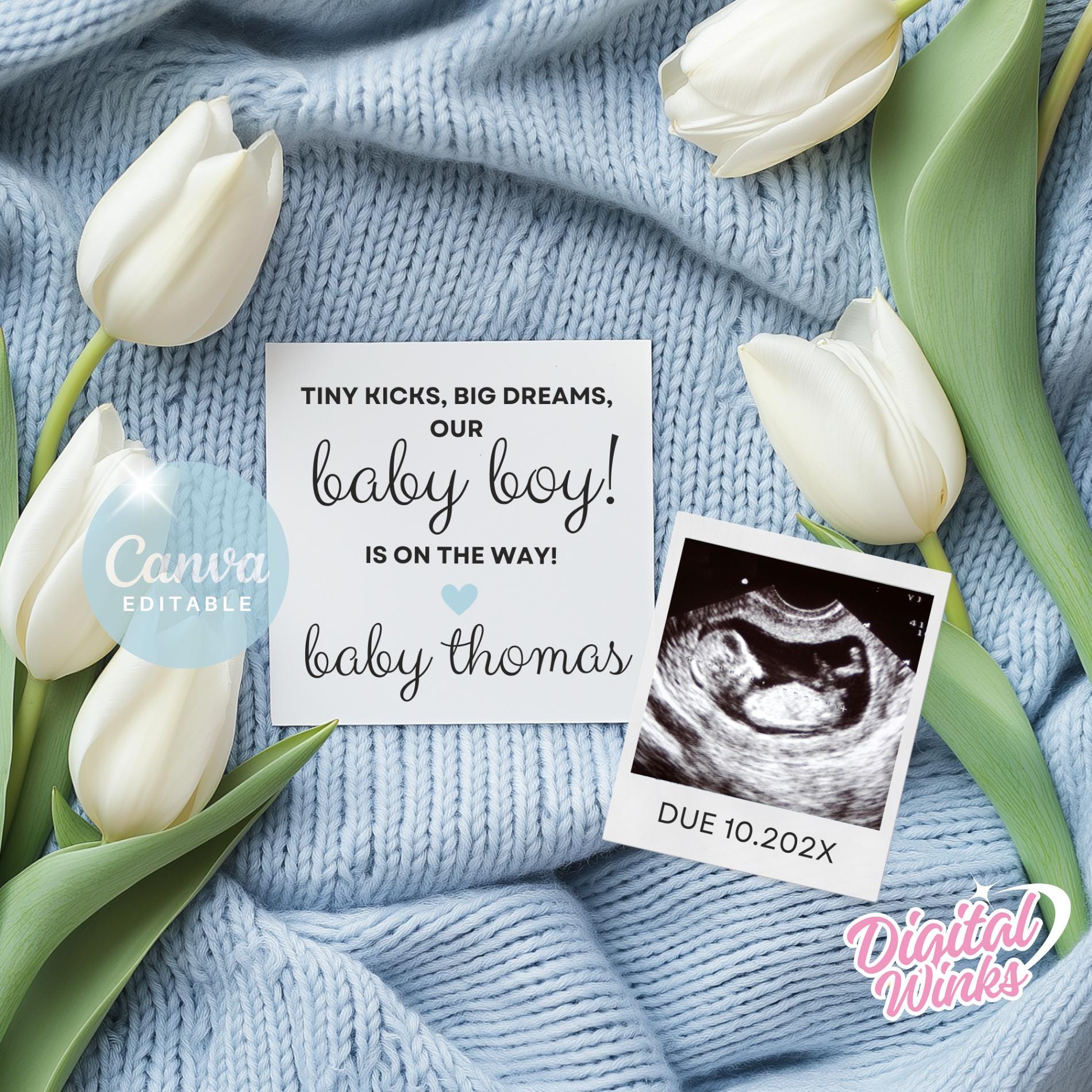 Minimalist Baby Boy Pregnancy Announcement | Digital Baby Reveal | Boho Editable Template Customizable Social Media Baby Announcement Tulip