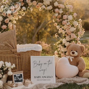 Digital Pregnancy Announcement Dreamy Floral Arch Baby Announcement, Boho Baby Reveal, Social Media Reveal, Canva Editable Template
