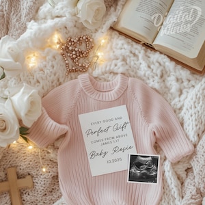 Glaubensbasierte Digitale Schwangerschaftsankündigung Christliche Baby Mädchen offenbaren Geschlechtsneutral bearbeitbare Vorlage Bibel-Vers Social-Media-Ankündigung