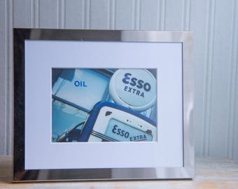 Esso Gas Station Photography, Framed Blue White Gas Pump Photo, Blue Garage Art or Man Cave Decor