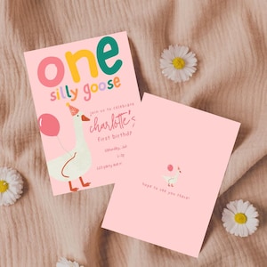 Silly Goose 1st Birthday Invitation: Pink Girl Invite (Editable Canva Template)