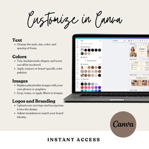 以下が含まれることがあります： Canva のウェブサイトが表示されたラップトップの画面で、上に「Canva でカスタマイズ」というテキストが重ねられています。ラップトップの画面の下にあるテキストには、Canva の機能がリストされており、テキスト、カラー、画像、ロゴとブランディングが含まれています。機能の下にあるテキストには「インスタントアクセス」と表示されています。Canva のロゴは、白いテキストで「Canva」と書かれた茶色の円です。