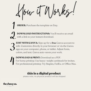 以下が含まれることがあります： 「How it works!」というテキストと、デジタル製品を注文、ダウンロード、編集、印刷するための4つの番号付き手順が書かれた白黒のグラフィック。手順は以下のとおりです。1. 注文: Etsyでテンプレートを購入する。2. ダウンロード手順: インスタントダウンロードへのリンクが記載されたメールが届きます。3. Canvaで編集: 編集のために無料のCanvaアカウントにサインアップする。ブラウザまたはコンピュータ、スマートフォン、タブレットのCanvaアプリで直接カスタマイズできます。フォント、色、テキストを調整できます。Canvaは作業を自動的に保存します。4. ダウンロードと印刷: PDFとしてダウンロードする。自宅での印刷: 招待状には厚手のカードストックを使用する。プロの印刷: Staples、FedEx、またはOffice Maxをお試しください。グラフィックには、「this is a digital product」と「please note, no physical product will be shipped」というテキストも含まれています。
