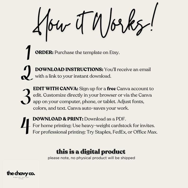 以下が含まれることがあります： 「How it works!」というテキストと、デジタル製品を注文、ダウンロード、編集、印刷するための4つの番号付き手順が書かれた白黒のグラフィック。手順は以下のとおりです。1. 注文: Etsyでテンプレートを購入する。2. ダウンロード手順: インスタントダウンロードへのリンクが記載されたメールが届きます。3. Canvaで編集: 編集のために無料のCanvaアカウントにサインアップする。ブラウザまたはコンピュータ、スマートフォン、タブレットのCanvaアプリで直接カスタマイズできます。フォント、色、テキストを調整できます。Canvaは作業を自動的に保存します。4. ダウンロードと印刷: PDFとしてダウンロードする。自宅での印刷: 招待状には厚手のカードストックを使用する。プロの印刷: Staples、FedEx、またはOffice Maxをお試しください。グラフィックには、「this is a digital product」と「please note, no physical product will be shipped」というテキストも含まれています。