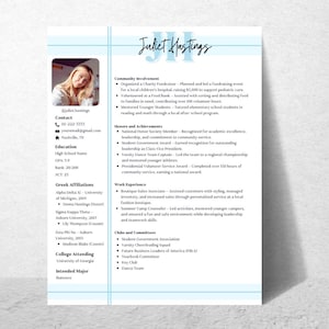 May include: A light blue resume with a photo of a woman in the top left corner. The resume is for Juliet Hastings and includes her contact information, education, work experience, and extracurricular activities.
