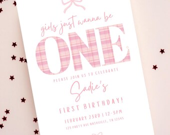 Girls Just Wanna Be One Invitation: Pink Bow, First Birthday (Editable Template)