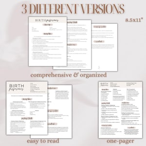 May include: Three different versions of a printable birth preferences form. The first version is a comprehensive and organized form with sections for basic info, during labor, pushing & delivery, and in case of a c-section. The second version is an easy-to-read form with sections for during labor, pushing & delivery, and in case of a c-section. The third version is a one-page form with sections for basic info, during labor, pushing & delivery, and in case of a c-section.