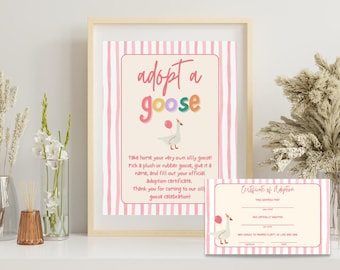 Juego de fiesta "Adopta un ganso": Cumpleaños divertido del ganso, certificado de adopción (plantilla imprimible)