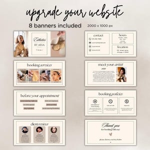 以下が含まれることがあります： エステティックビジネス用のウェブサイトバナー8つ。バナーには、連絡先情報、営業時間、場所、予約サービス、予約前の指示、顧客レビュー、予約ポリシー、感謝のメッセージが含まれています。バナーは、ベージュの背景と黒いテキストで、ミニマルなスタイルになっています。