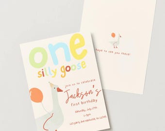 One Silly Goose verjaardagsuitnodiging sjabloon jongen 1e verjaardagsuitnodiging bewerkbare Silly Goose verjaardag One Silly Goose uitnodiging