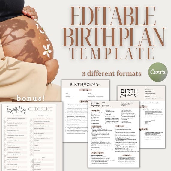 Birth Plan Template Editable and Printable Birth Plan Labor and Delivery Plan Hospital Bag Checklist Natural Birthing Plan Pregnancy Planner