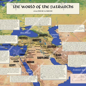 May include: A colourful map depicting the world of the patriarchs, circa 2100 BC to 1600 BC. The map shows the locations of various ancient civilisations, including the Hittites, Horites, Urartu, Assyria, Babylonia, Elam, Egypt, Canaan, and Midian. The map also includes text describing the history and culture of each civilisation.