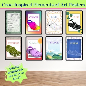 Puede incluir: Ocho pósters de arte digital que presentan coloridos zapatos Crocs con diferentes elementos artísticos, que incluyen color, línea, forma, textura, valor, espacio y forma. Los pósters están enmarcados en negro y tienen un fondo blanco. El texto "Elements of Art" está en la parte superior de la imagen.