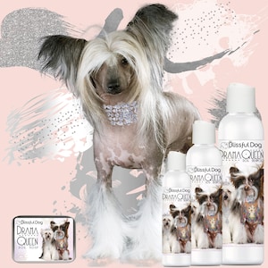 Könnte beinhalten: Ein Set aus Hundeshampoo und Seife mit einem Chinesischen Schopfhund, der eine Diamantenkette trägt. Die Produkte sind mit "Blissful Dog Drama Queen" gekennzeichnet.