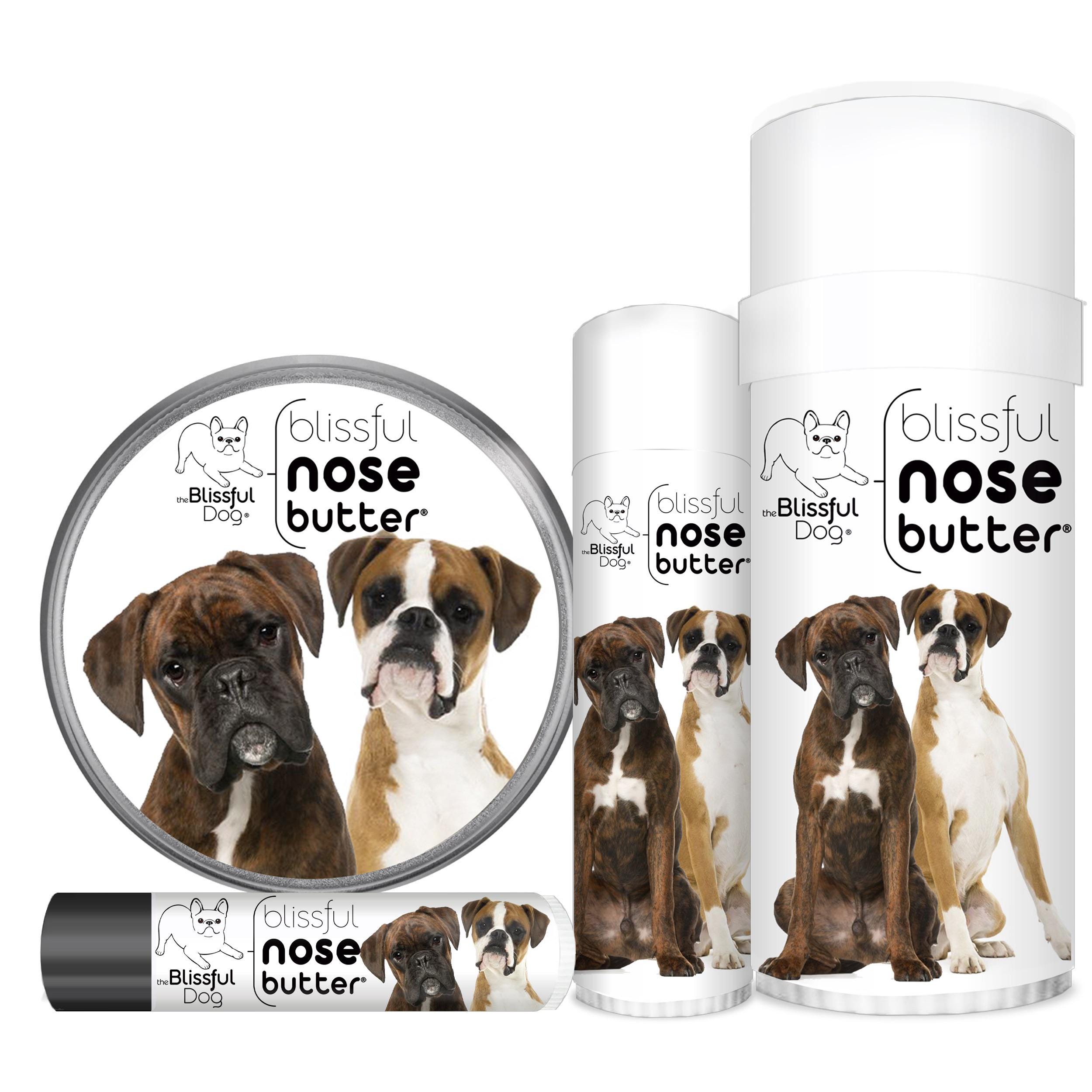Boxer Nose Butter® Ręcznie robione w Minnesocie przy użyciu całkowicie naturalnego balsamu do szorstkich lub suchych psich nosów Puszki i tubki z etykietą Boxer