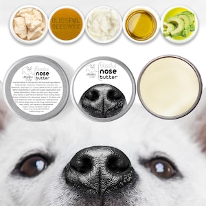The Blissful Dog NOSE BUTTER® Bálsamo hidratante artesanal totalmente natural para narices secas, agrietadas y con costras en perros. Varios tamaños de latas y tubos.