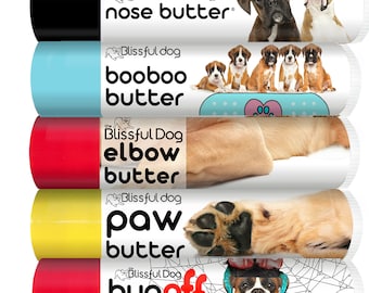 Boxer Nose to Toes Tube Combo for Dry Noses, Rough Paws, Elbow Calluses and Itchy Skin Irritations. Try 4 Products with 5 Boxer Labels