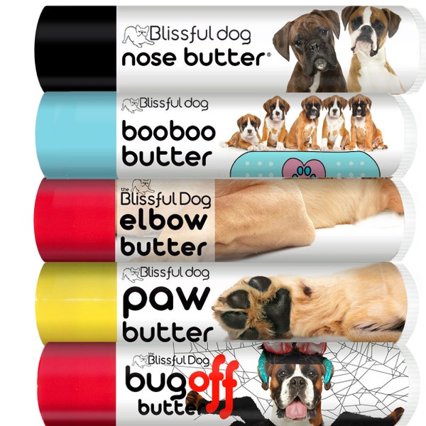 Boxer Nose to Toes Tube Combo for Dry Noses, Rough Paws, Elbow Calluses and Itchy Skin Irritations. Try 4 Products with 5 Boxer Labels