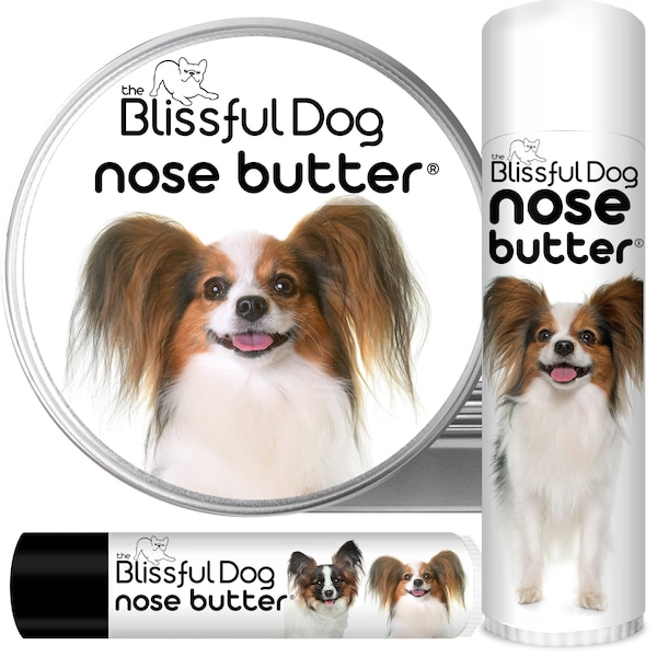 Papillon Nose Butter® Handcrafted in Minnesota Using All Natural Balm for Crusty or Dry Dog Noses Tins & Tubes with Papillon Label