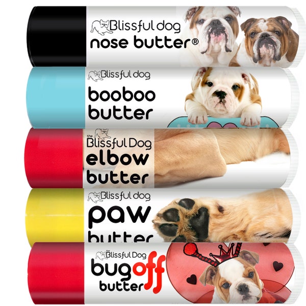 Bulldog Nose to Toes Tube Combo for Dry Noses, Rough Paws, Elbow Calluses and Itchy Skin Irritations. Try 4 Products with Bulldog Labels