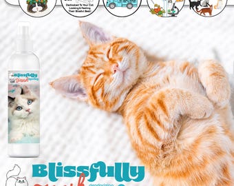 The Blissful Cat® Blissfully Fresh® en vaporisateur désodorisant pour les chats, la maison, la voiture et les mauvaises attitudes. Disponible en bouteilles de 4,8 ou 16 oz et en gallons