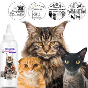 May include: A white bottle of cat ear cleaner with a purple label that says "Blissfully Fresh Ear Cleaner". The bottle is next to three cats: a brown tabby, a ginger cat, and a black cat with white markings.