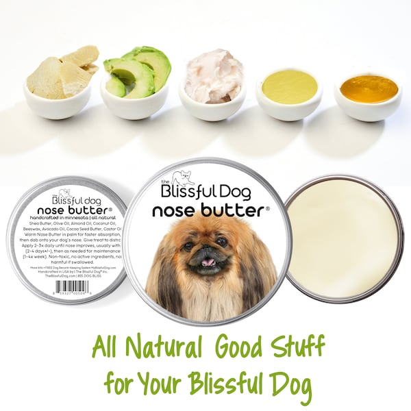 Pekingese Nose Butter® Handcrafted in Minnesota Using All Natural Balm for Crusty or Dry Dog Noses Tins & Tubes with Pekingese Label
