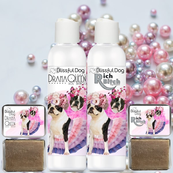 Boston Terrier Luxury Shampoo for Your Diva Dog in 4, 8, 16 oz Bottles, US Gallon & Soap Choice PG-Rated Rich Bitch or G-Rated Drama Queen