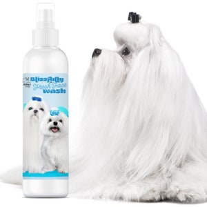 May include: A white plastic bottle with a blue label that says "Blissfully Fresh Face Wash". The label also features two white Maltese dogs with blue bows.