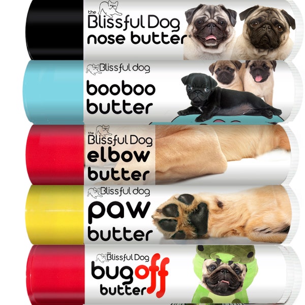 Pug Nose to Toes Tube Combo for Dry Noses, Rough Paws, Elbow Calluses and Itchy Skin Irritations. Try 4 Products with 3 Pug Labels