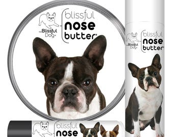Boston Terrier Nose Butter® Ręcznie robiony w Minnesocie, całkowicie naturalny balsam na spierzchnięte lub suche nosy psów z etykietą Boston Terrier Dog