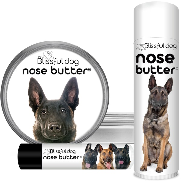 Belgian Malinois Nose Butter® Handcrafted in Minnesota Using All Natural Balm for Crusty or Dry Dog Noses Tins & Tubes with Malinois Label